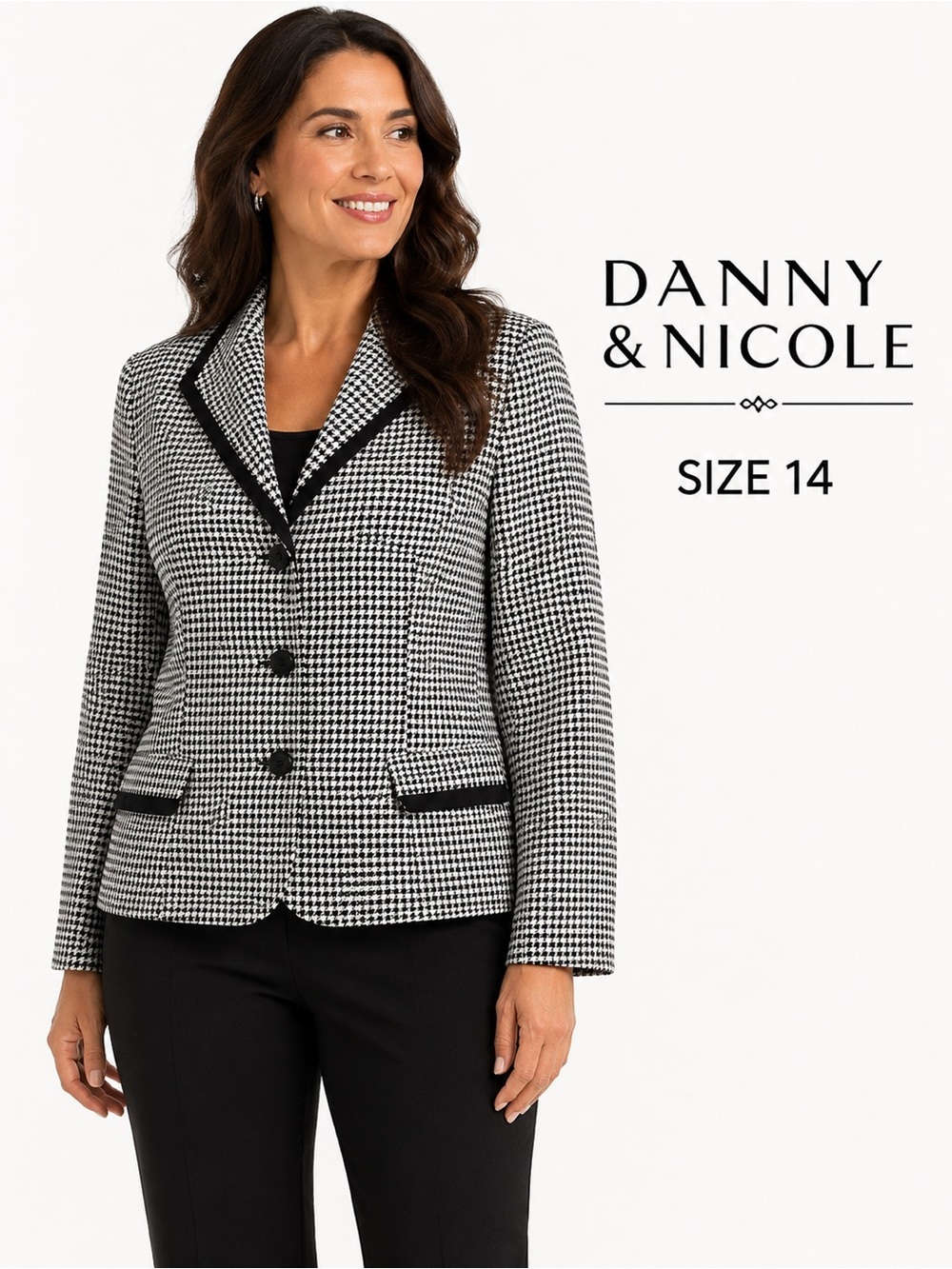 Danny & Nicole Women’s Houndstooth Classic Blazer Jacket Black White Size 14